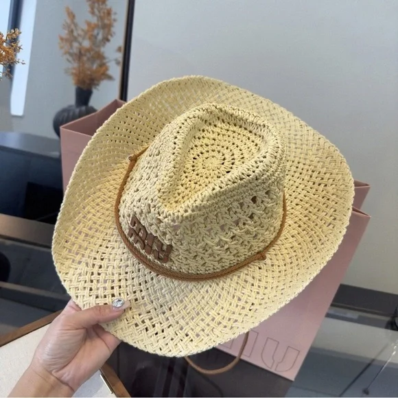 Miu Miu Straw Hat Woven Raffia Summer Beach Sun Hat Designer Chic - Picture 6 of 8